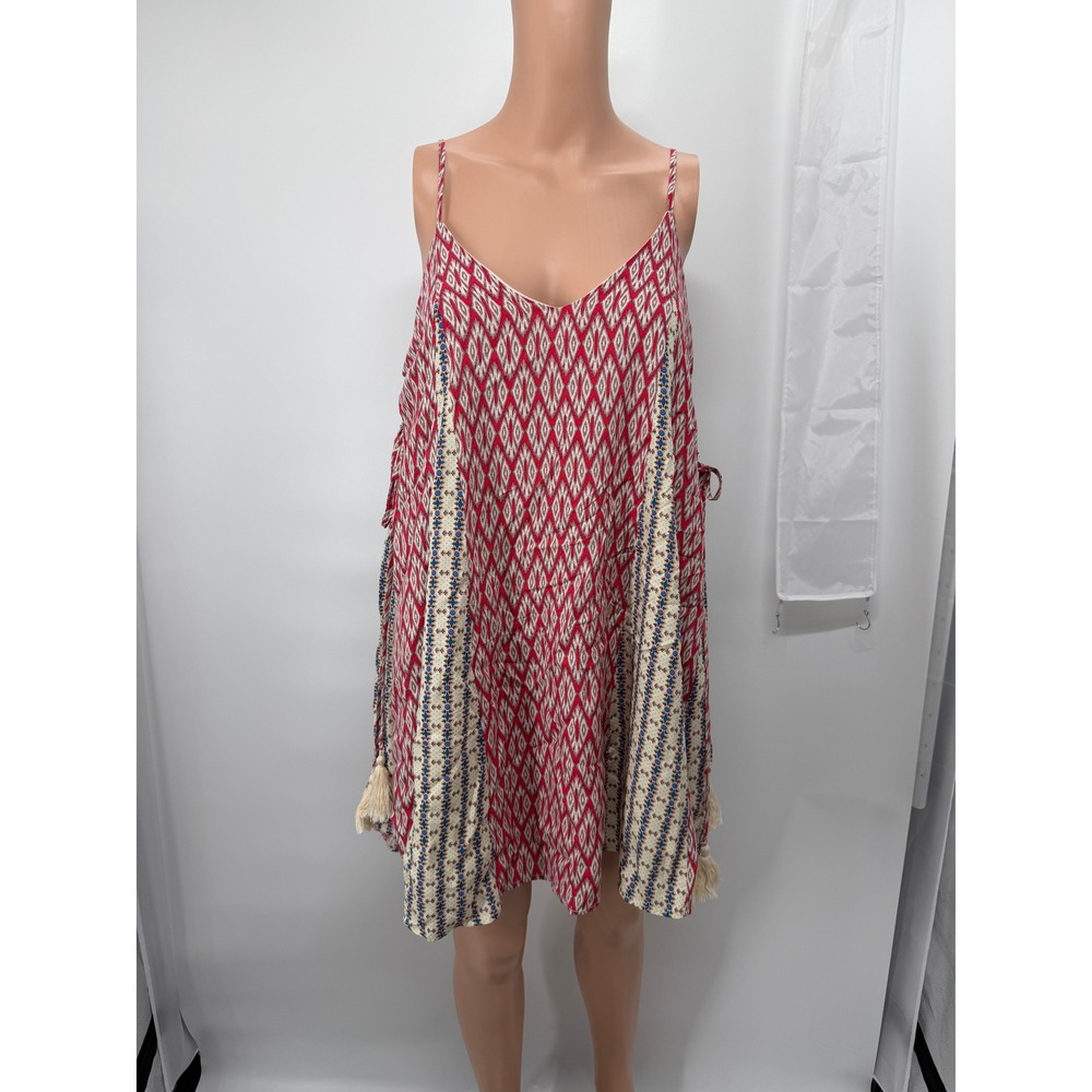 Entro S Red Ikat Print‎ Tassel Boho Festival Summer Mini Dress Indie Romantic